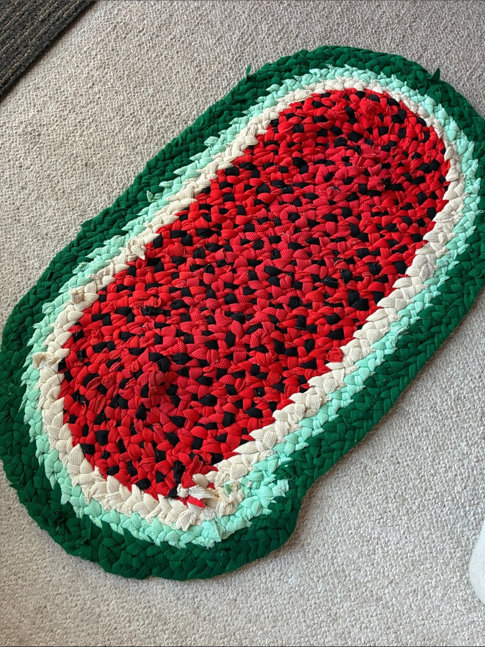💚Vintage 80s handmade Pennsylvania Dutch watermelon rag rug doormat🍉